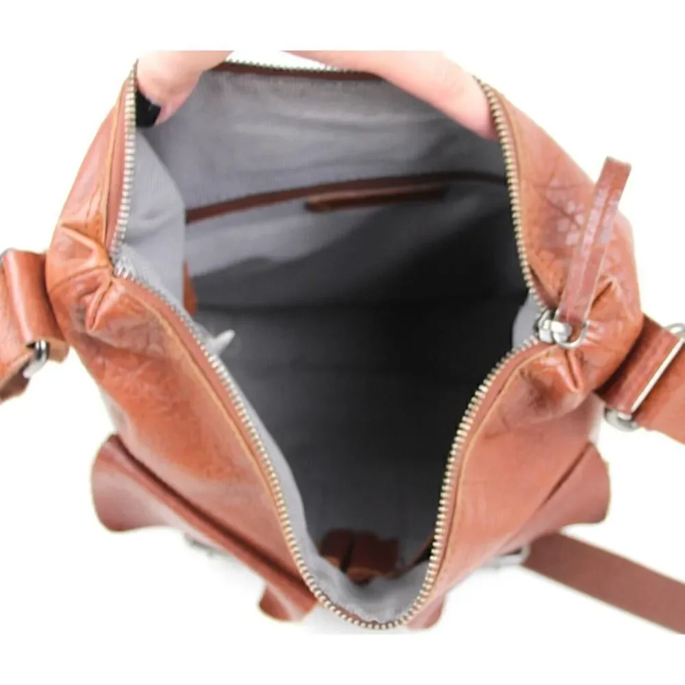 SPIKES & SPARROW BROWN GENUINE LEATHER SHOULDER BAG X-BODY ZIP TOP HANDBAG PURSE